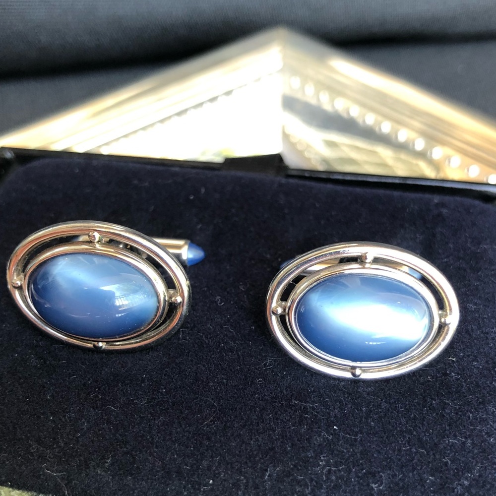 Light blue and Silver tone Oval Cuff Links
